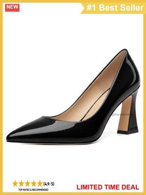 SHOWFOREST Women's Pointed Toe Chunky Heel Patent Pumps 3.5 Inch Slip On Dress